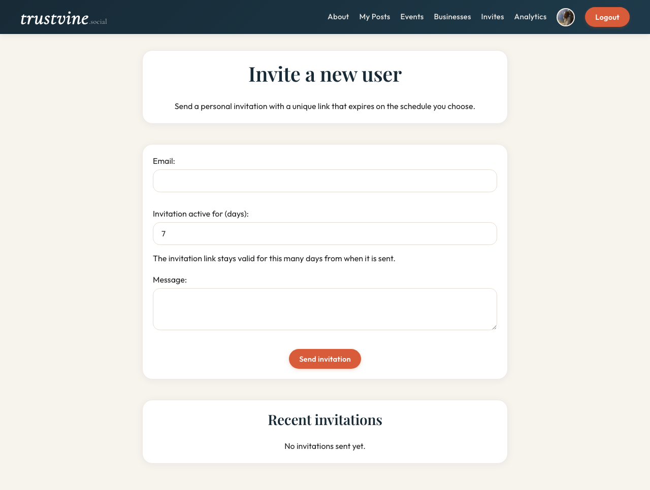 Invite management screen showing pending outgoing invitations and accepted connections