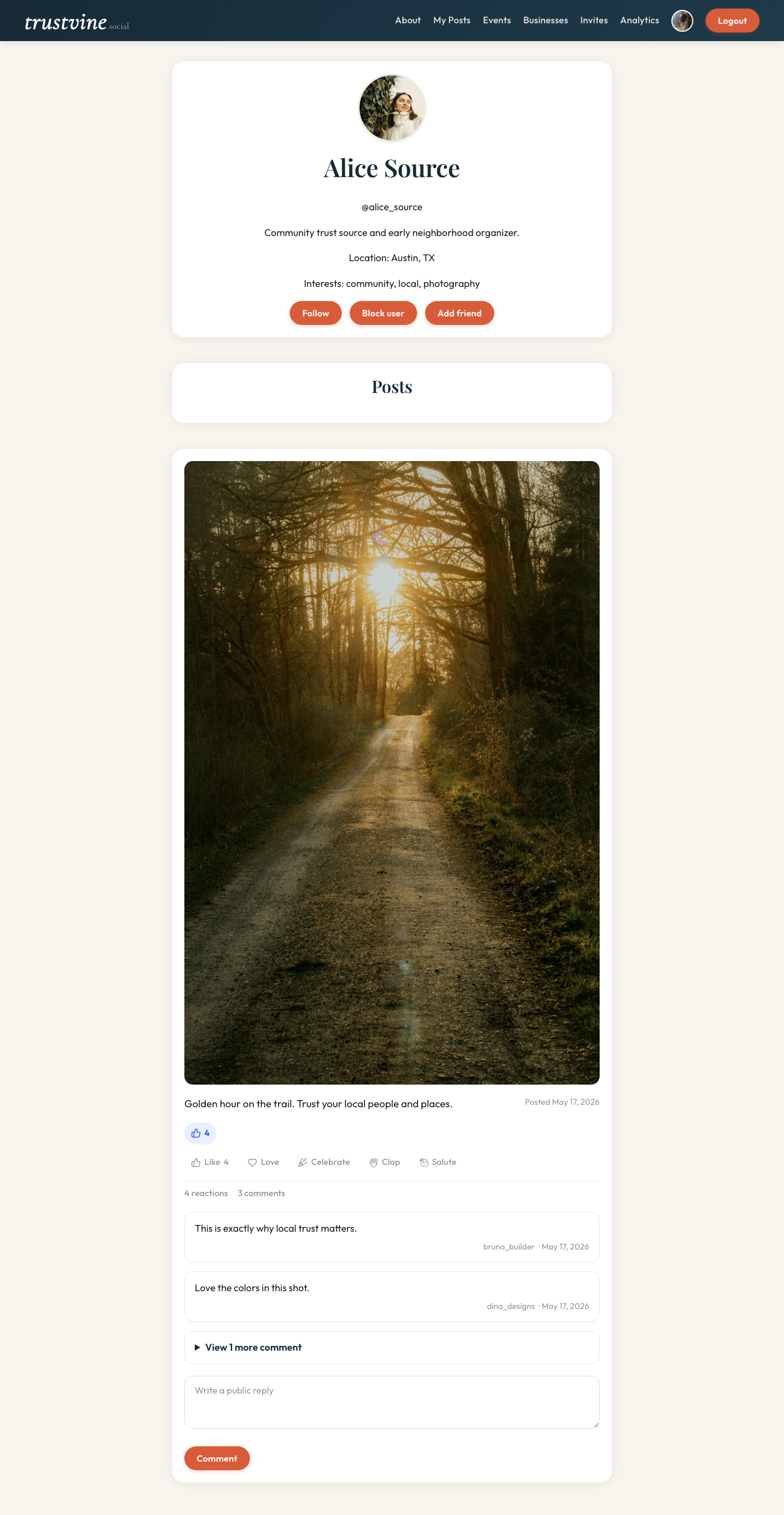 Personal profile page showing bio, follow button, and activity