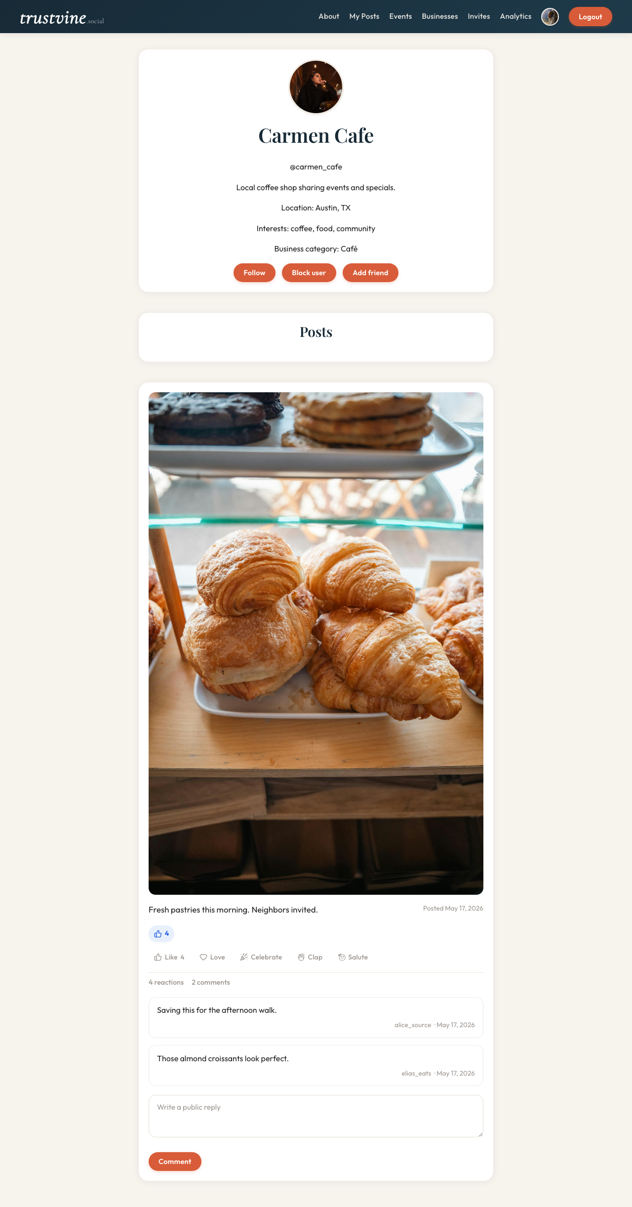 Business profile page with category, reviews, and contact details