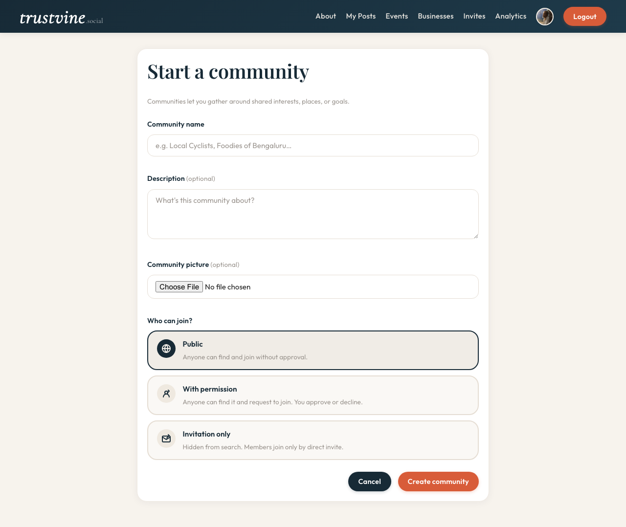 Community detail page showing members, posts, and events inside a group