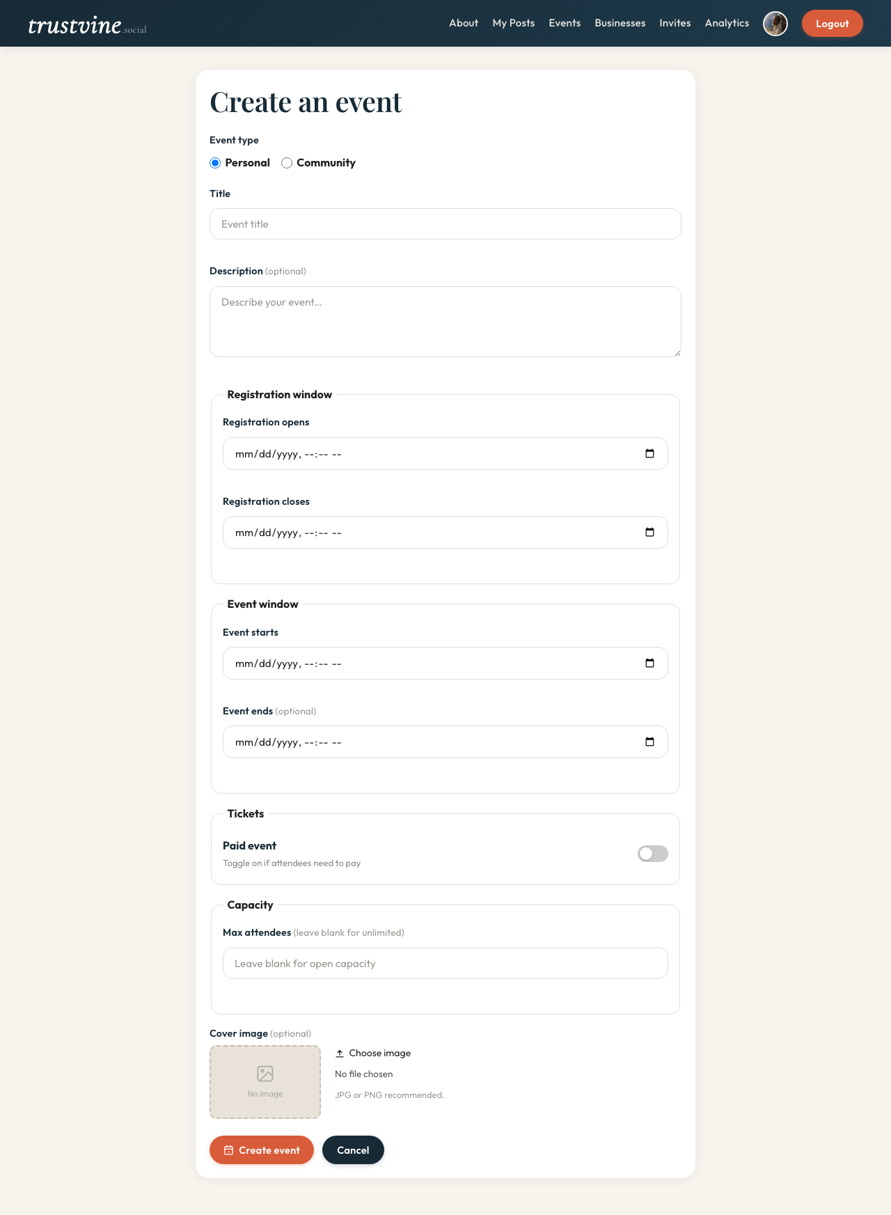 Event creation form with title, date, capacity, and payment fields