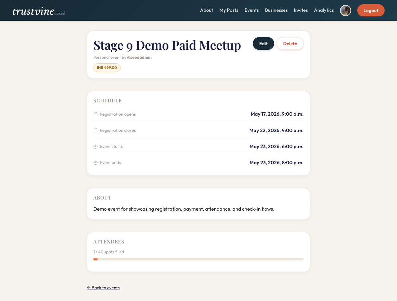 Registration card showing payment-pending state for a paid event