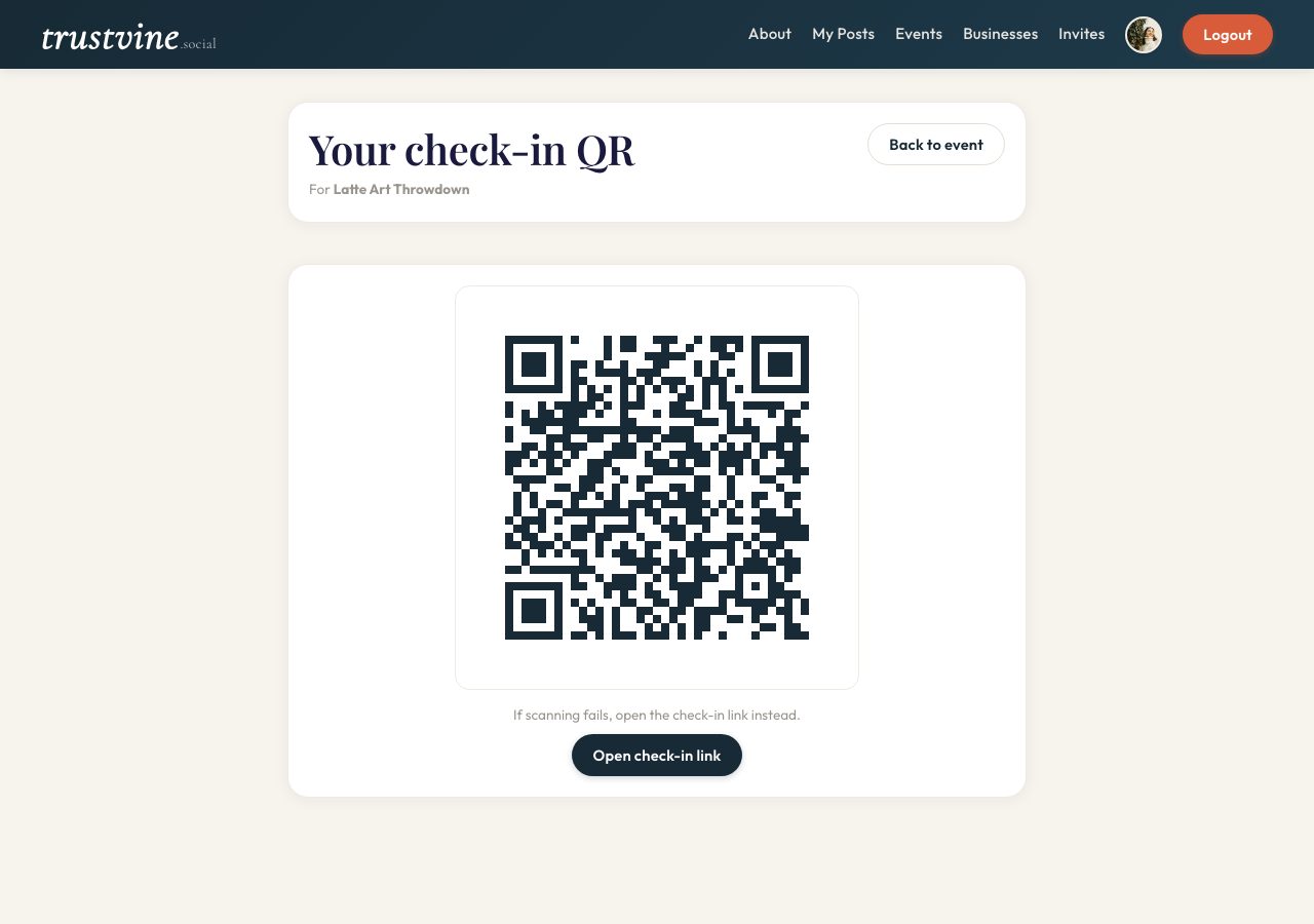 Organizer check-in screen showing QR scan UI for an attendee
