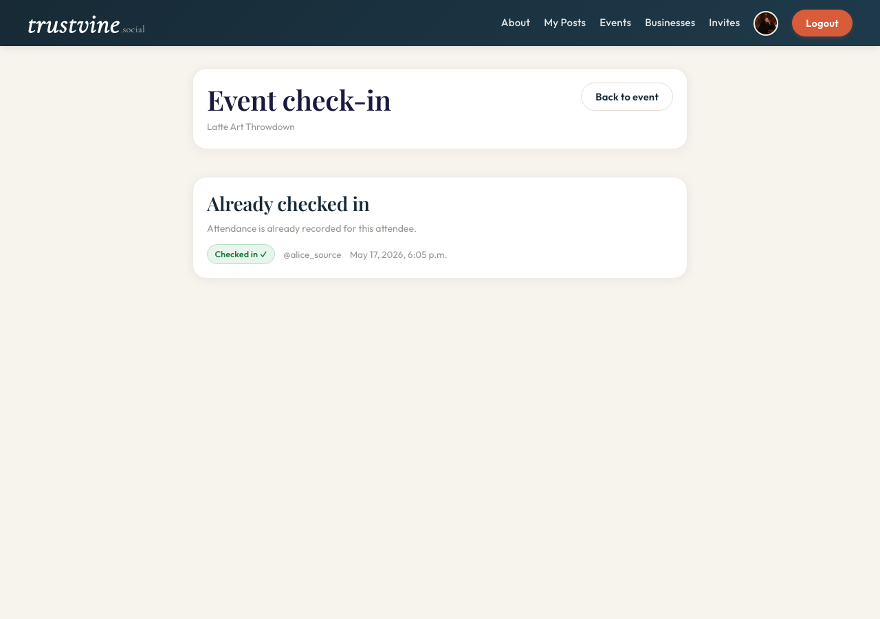 Confirmed attendance screen shown after a successful QR check-in
